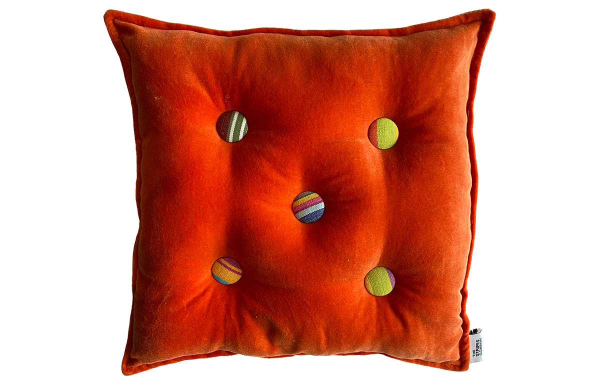 Small Striped Buttoned Cushion Orange Velvet