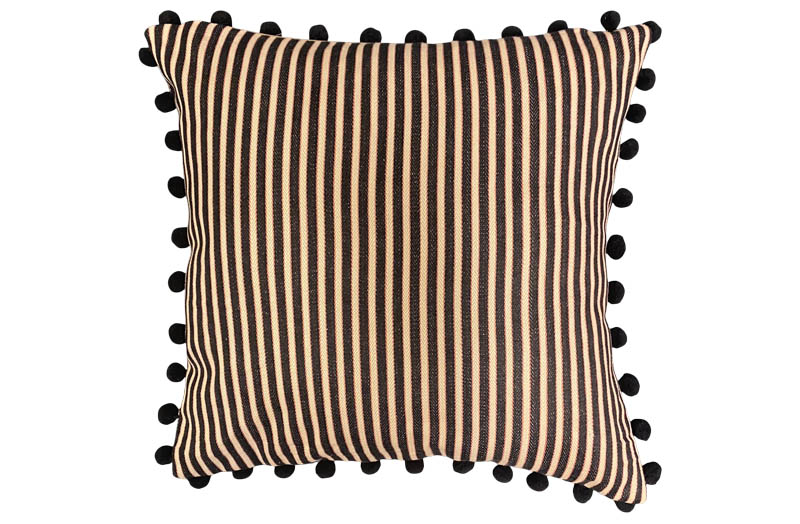 Black, Beige, Salmon Pink Striped Pompom Cushion 40x40cm