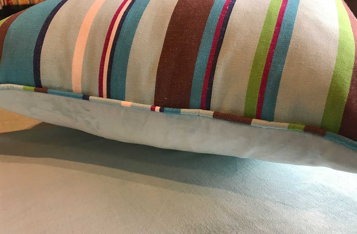 aqua velvet cushion striped fabric on reverse