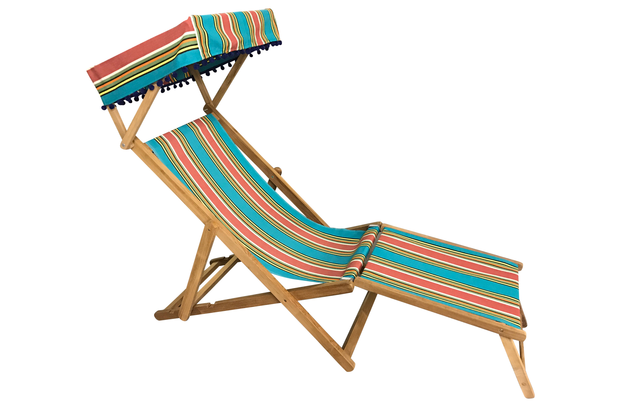 Turquoise, Terracotta and Green stripe Edwardian Deckchair with Canopy and Footstool