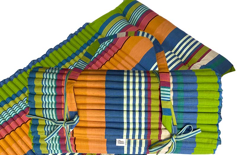Green, Blue, Terracotta Stripe Beach Mat | Roll Up Beach Mattress with Pillow