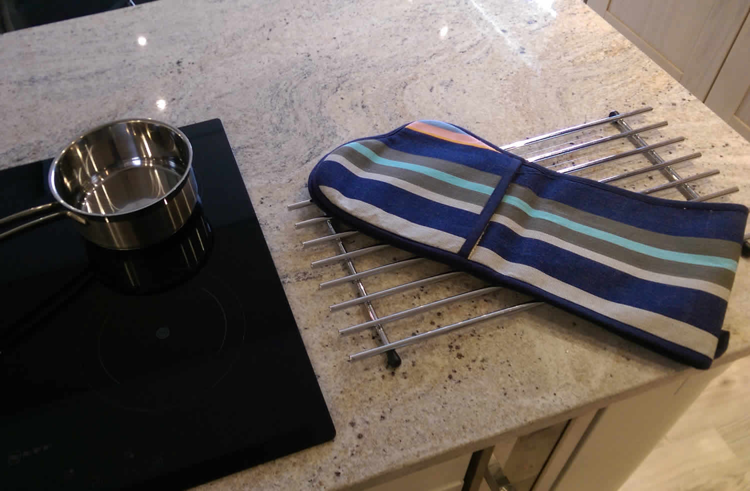 blue striped double oven gloves
