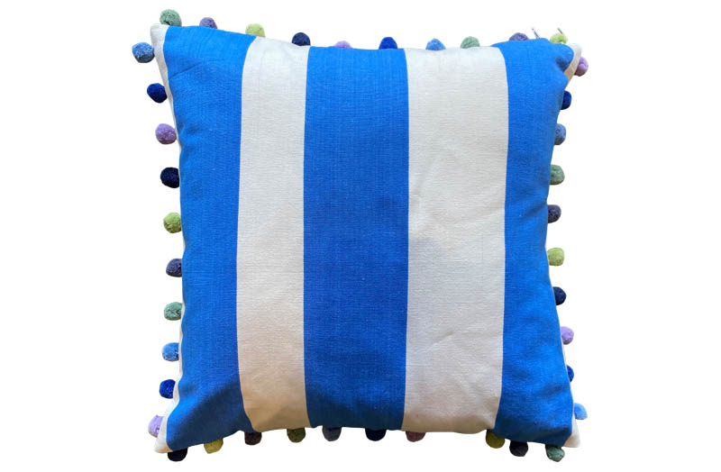 Bright Blue and White Stripe Pom Pom Cushions