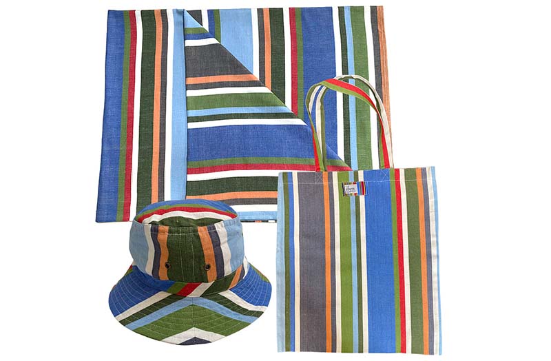 blue stripe bucket hat with sarong and bag
