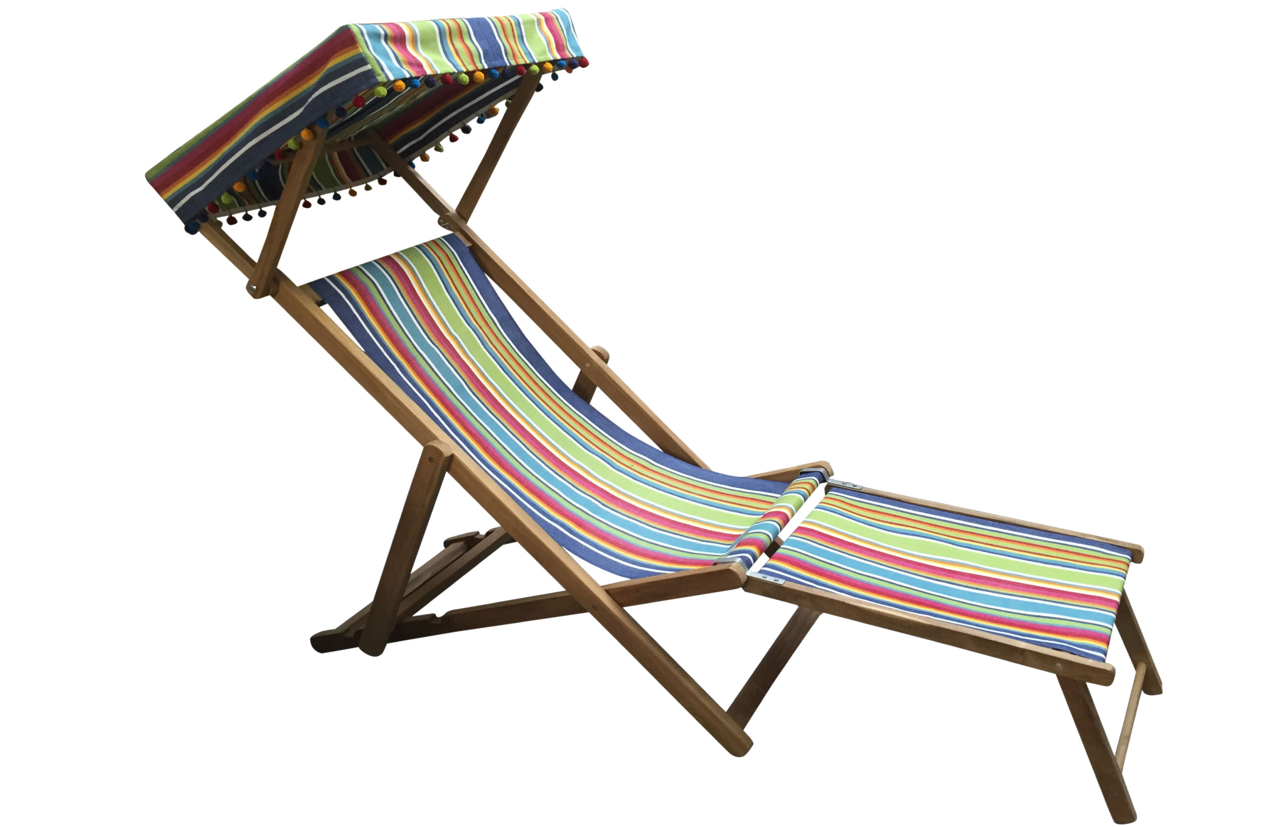 Blue, Green and Red stripe Edwardian Deckchair with Canopy and Footstool