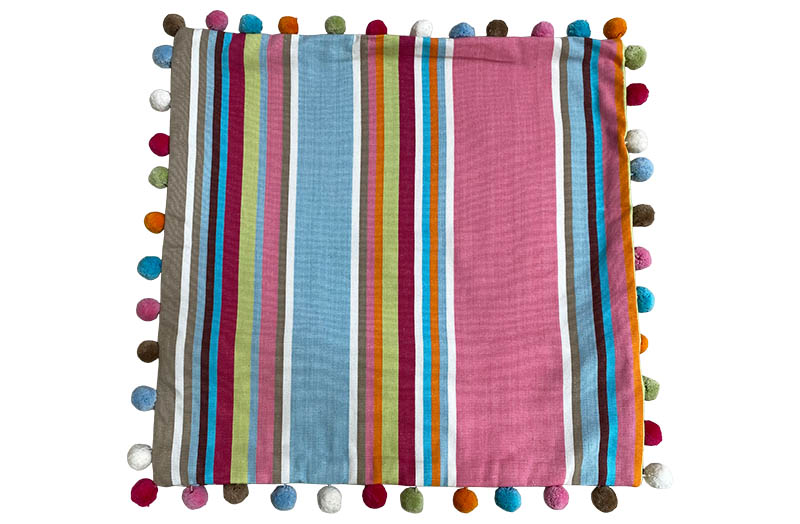 Pink, Beige Grey, Pale Blue Striped Pompom Cushion Covers