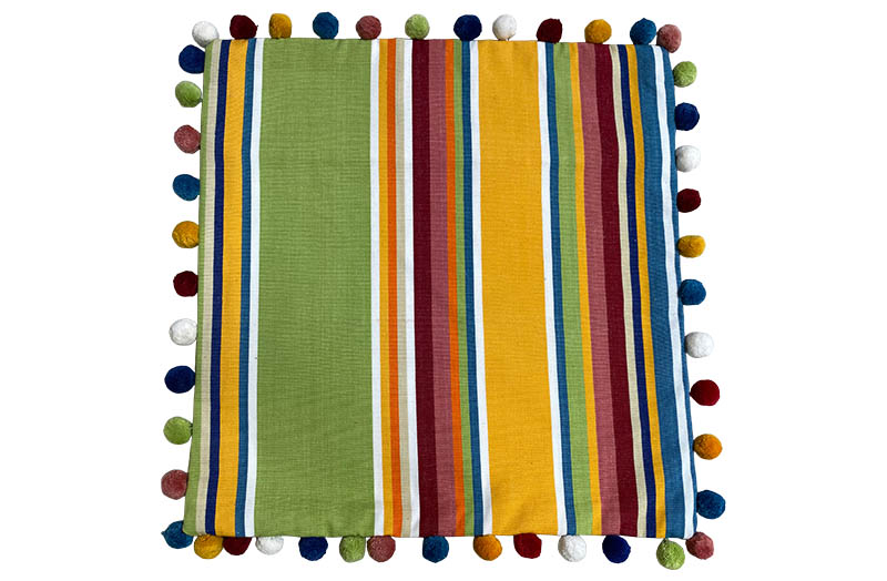 Stripe Cushion Covers with Pompom Fringe - Yellow, Green, Blue Stripe