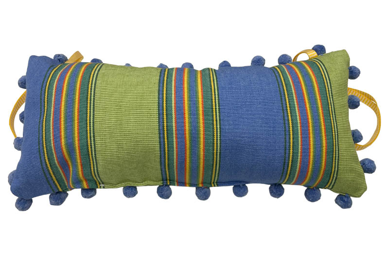 Sky Blue, Lime Green Stripe Deckchair Headrest Cushions | Tie on Pompom Headrest Pillow