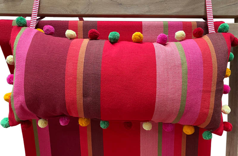 Red, Pink, Green Stripe Deckchair Headrest | Tie on Pompom Headrest Cushion