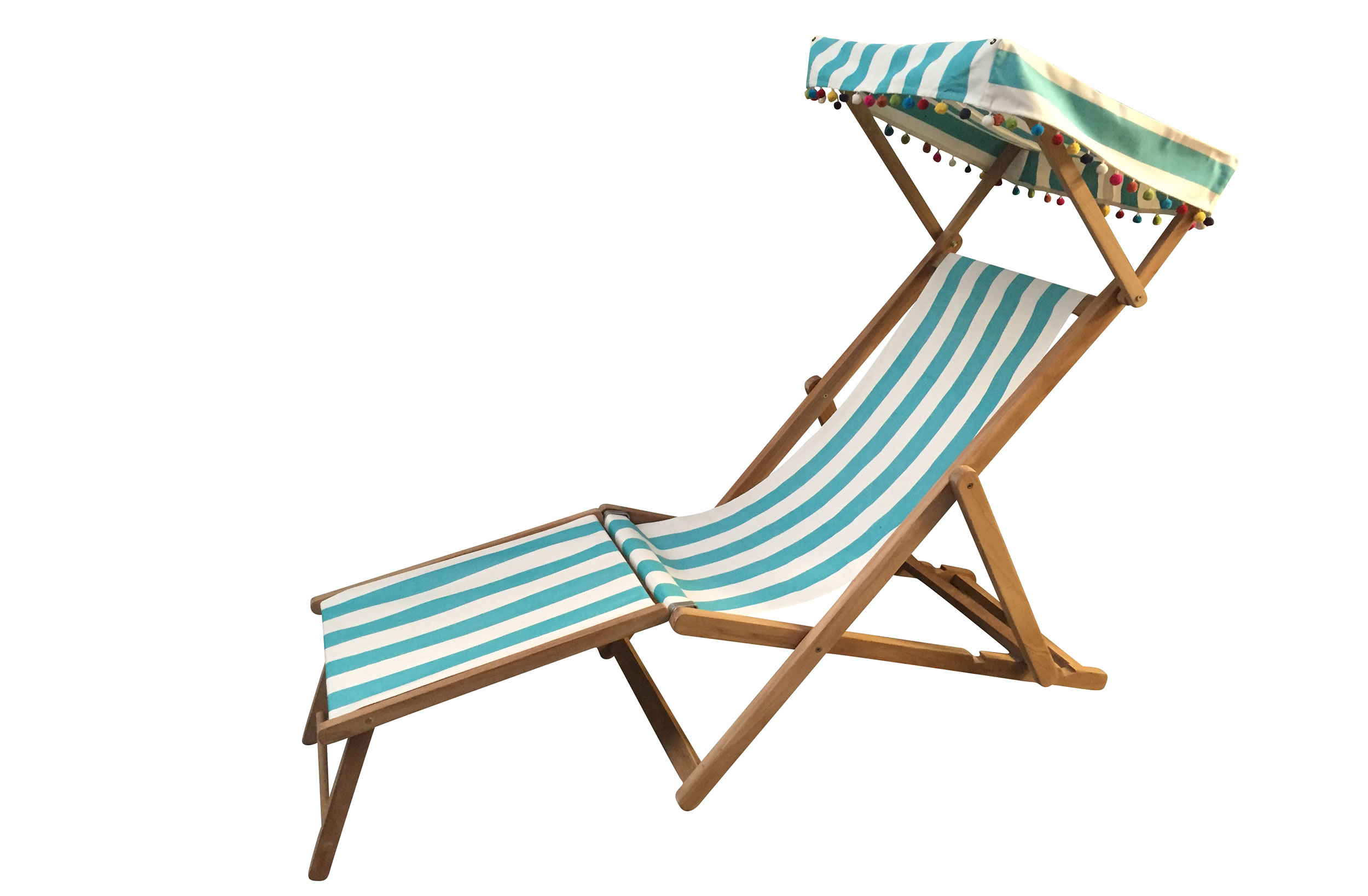 Turquoise and White Striped Edwardian Deckchairs with Canopy and Footstool