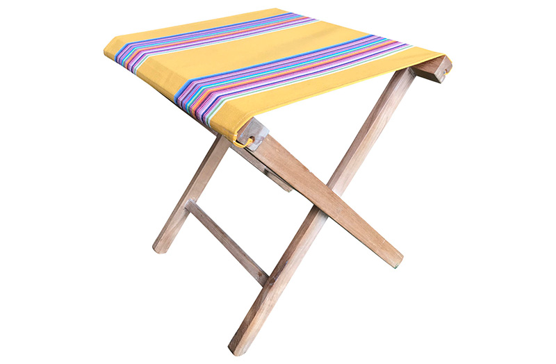 Yellow Folding Wooden Stool with Rainbow Stripes
