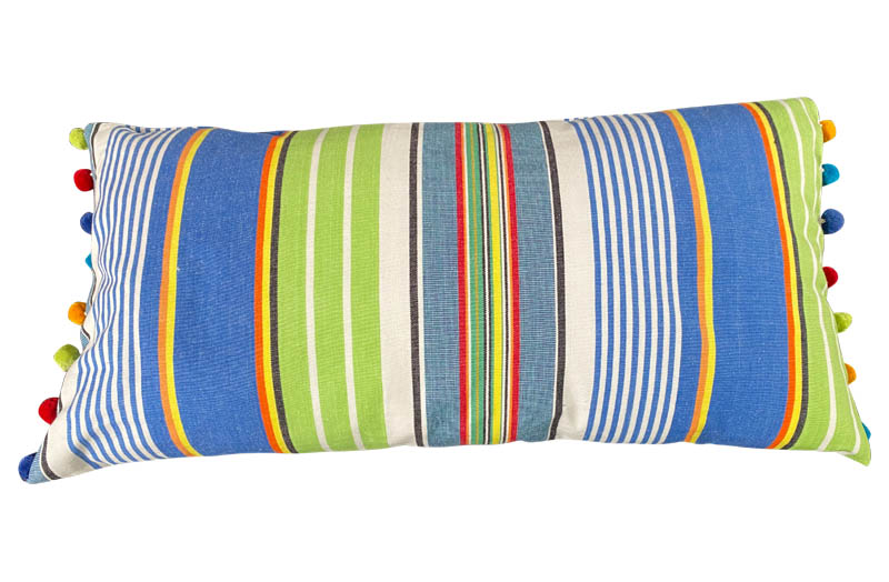 Bright Blue, Denim Blue, Lime Green Striped Oblong Cushions with Pom Poms
