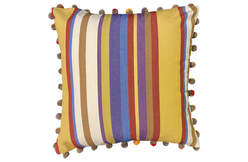 Apricot Yellow, Rust, Blue Striped Pompom Cushions