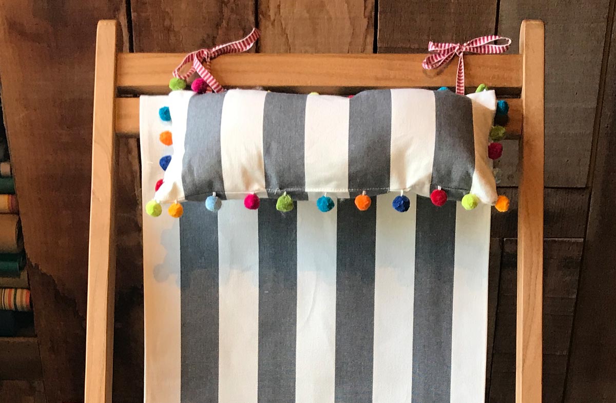 Grey and White Stripe Deckchair Headrest Cushions | Tie on Pompom trimmed Headrest