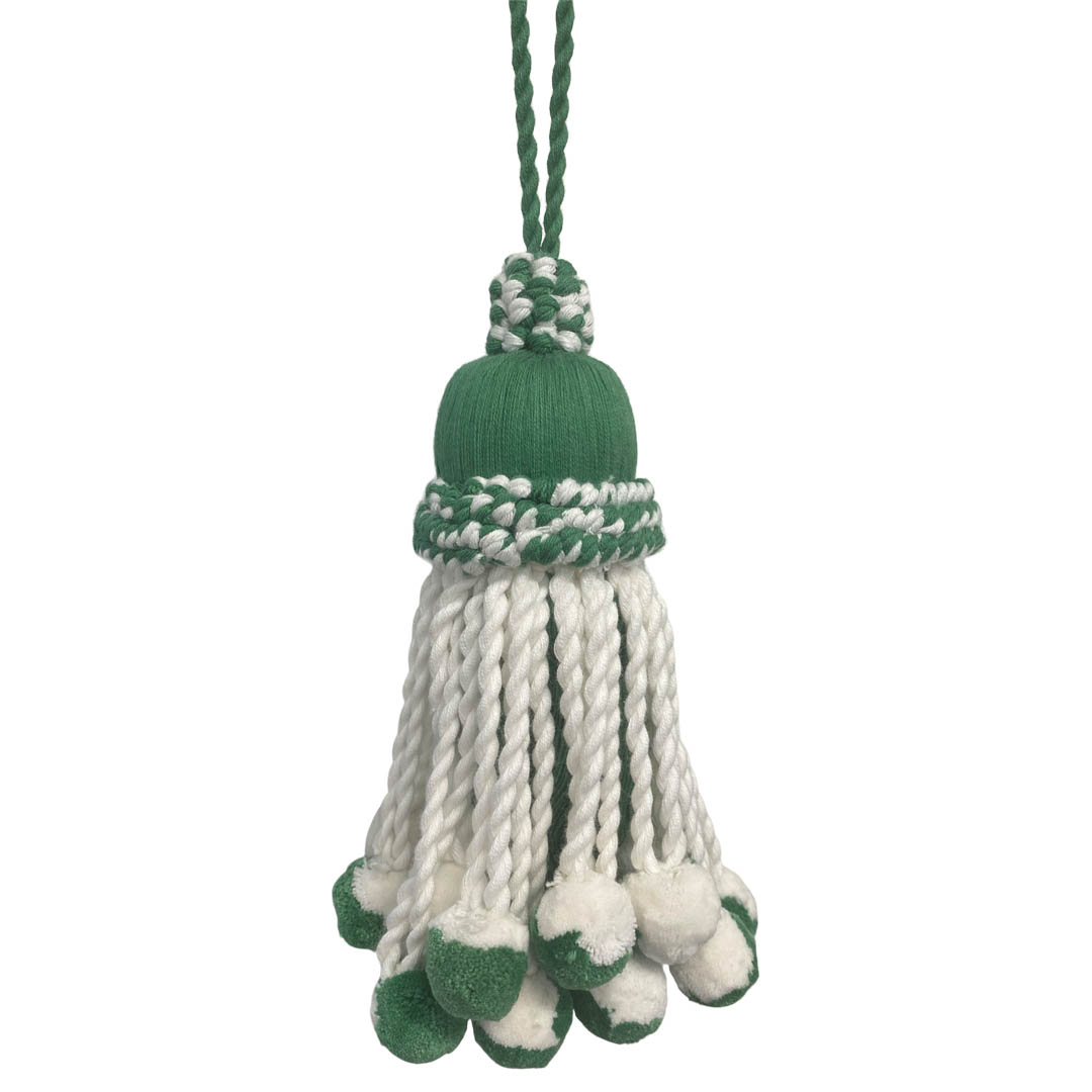 huge green and white pom pom tassel
