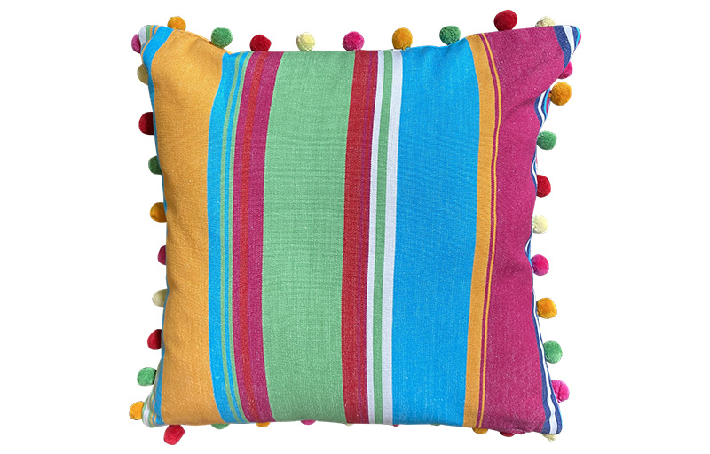 Pink, Yellow and Green Striped Pompom Cushions 50x50cm