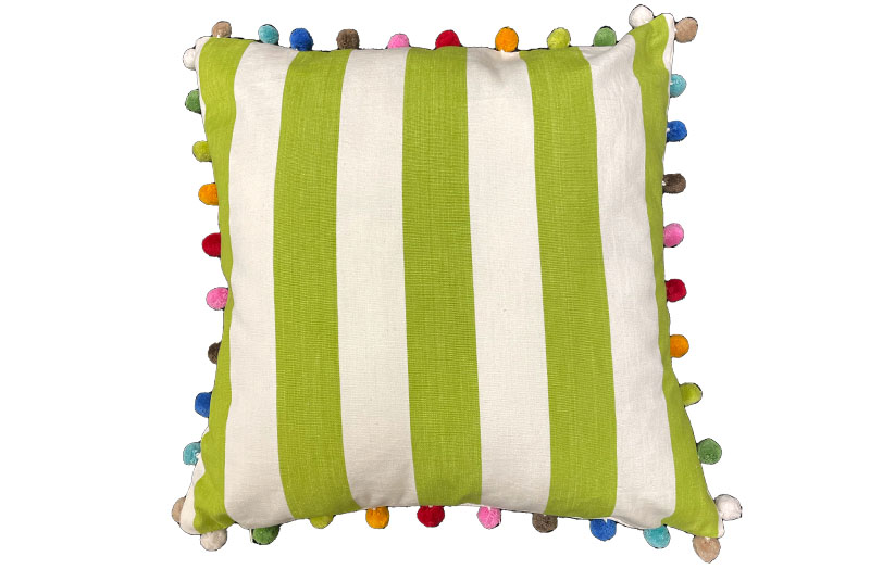 Lime Green and White Striped Pompom Cushions