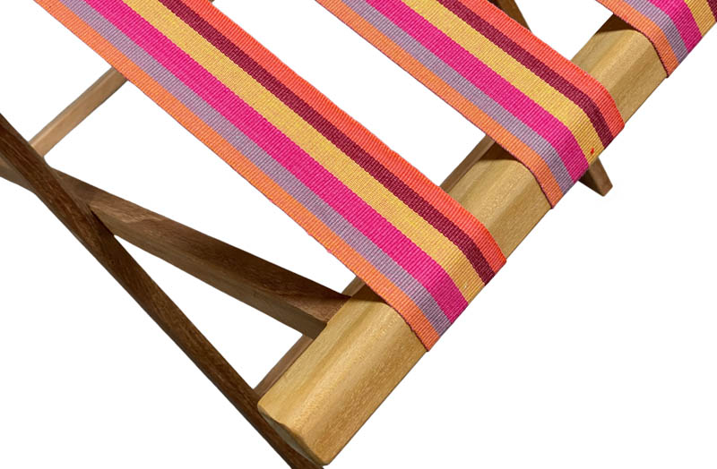 Multi Stripe Folding Luggage Racks with Pink, Yellow, Terracotta Stripe Webbing Straps