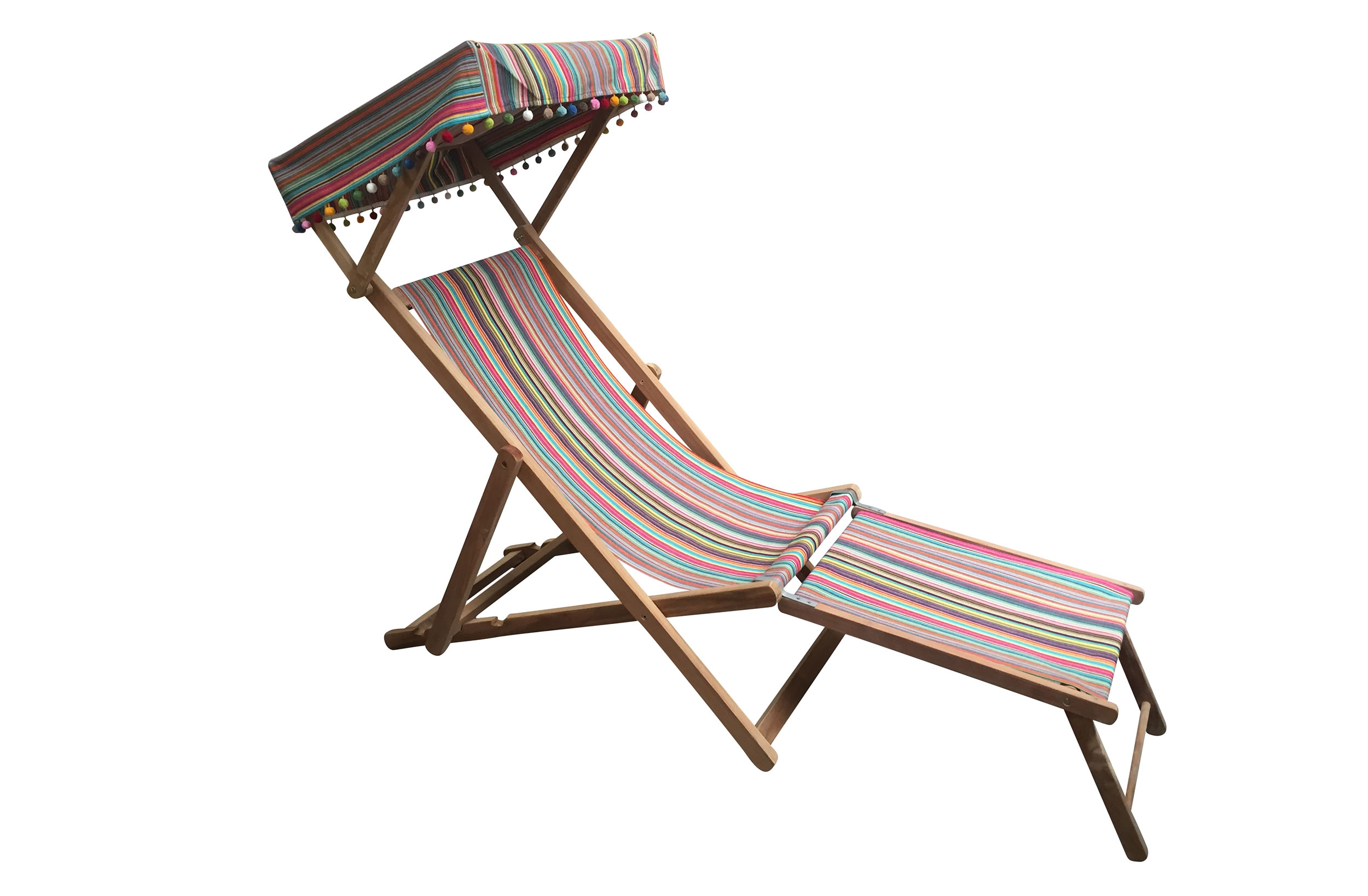 Edwardian Deckchairs with Canopy and Footstool thin rainbow multi stripes   