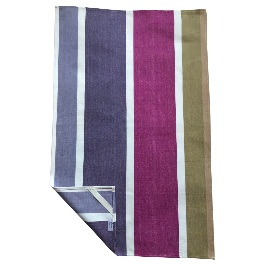 tea towel purple, mauve, khaki, oatmeal stone stripes