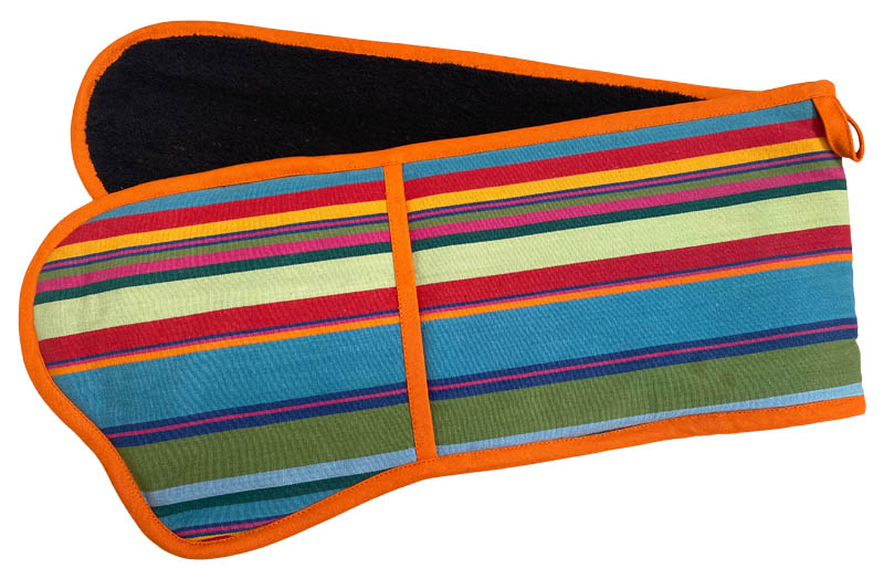 Bottle Green, Blues, Red Striped Oven Gloves | Double Oven Mitts