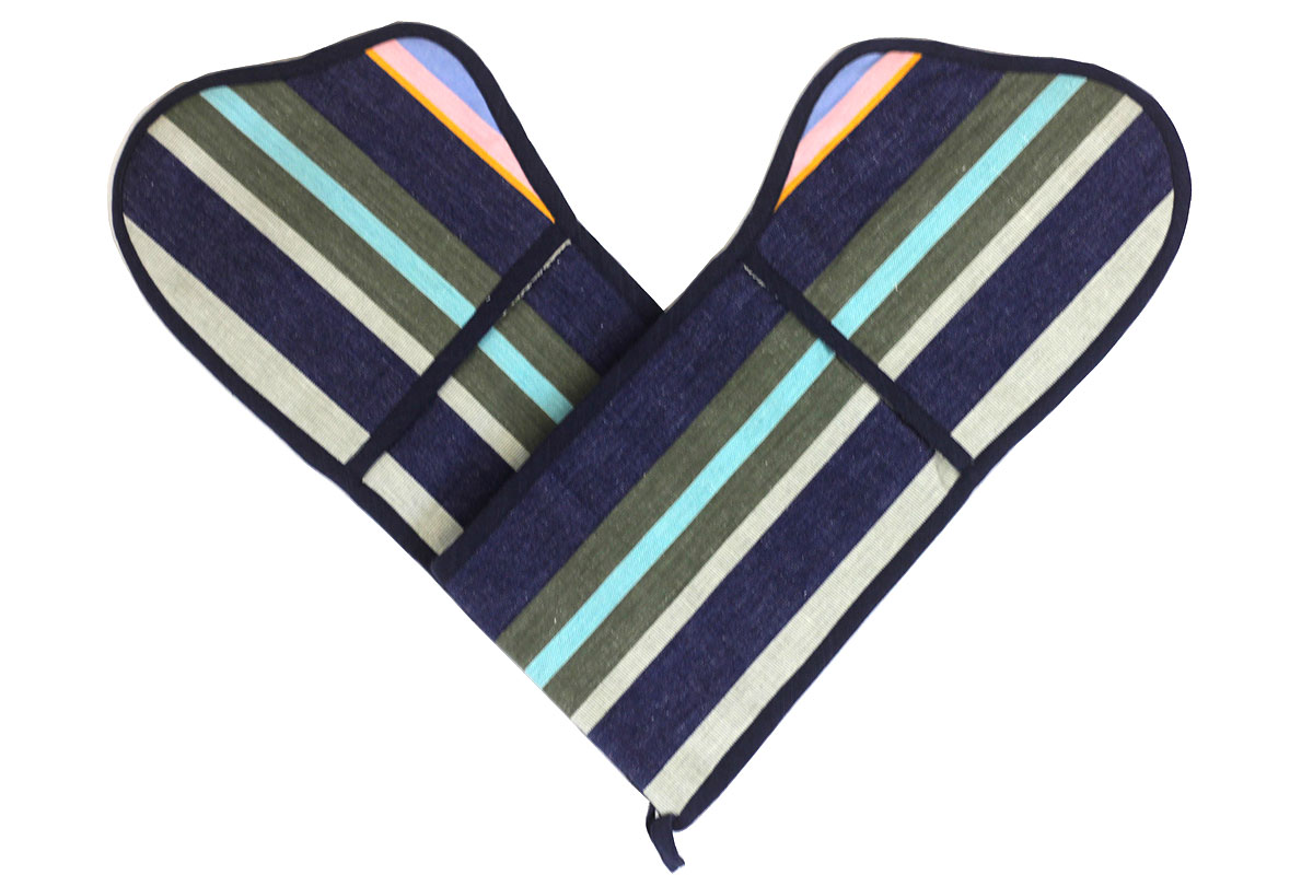 Double Oven Mitts Blue Stripe