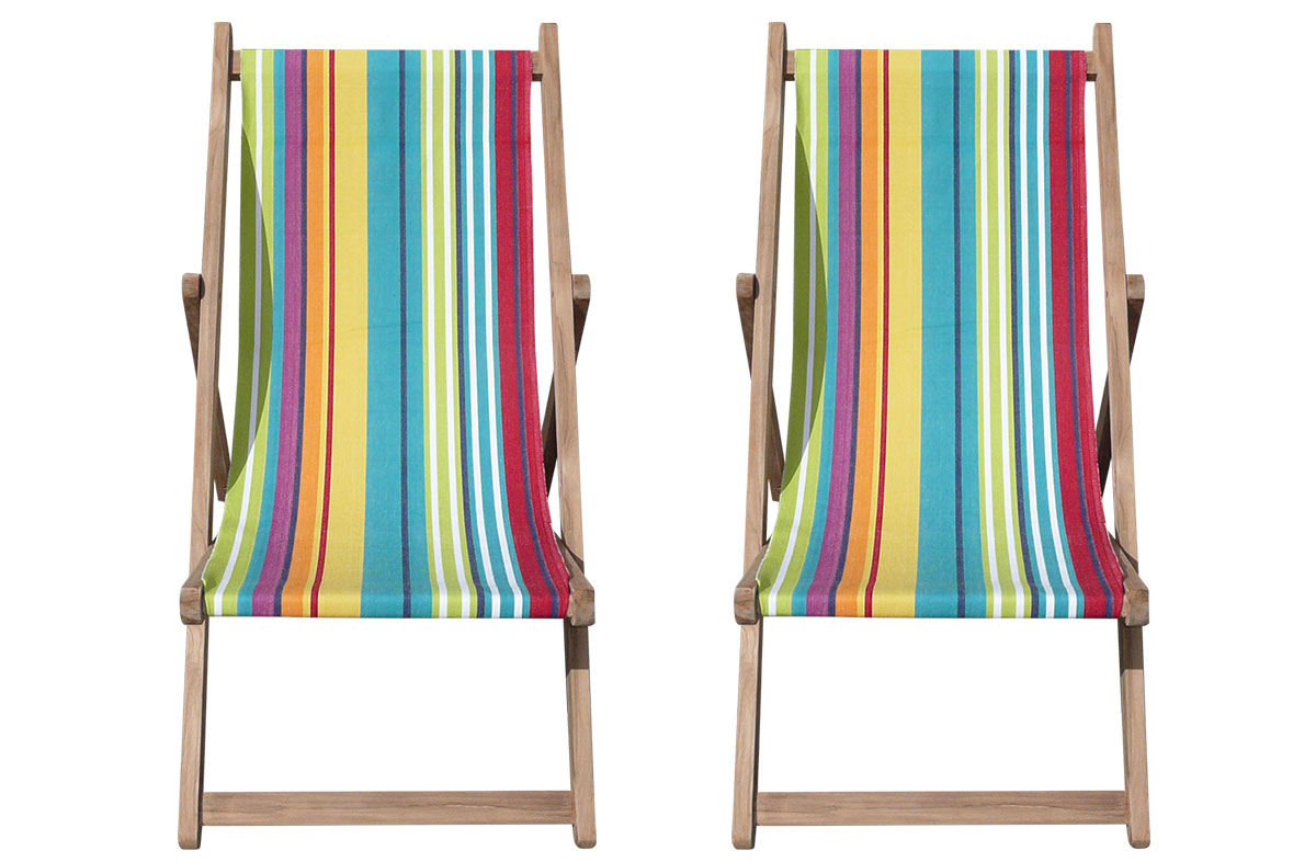 Pair of Teak Deck Chairs from The Stripes Company - Turquoise, green, red, yellow stripes