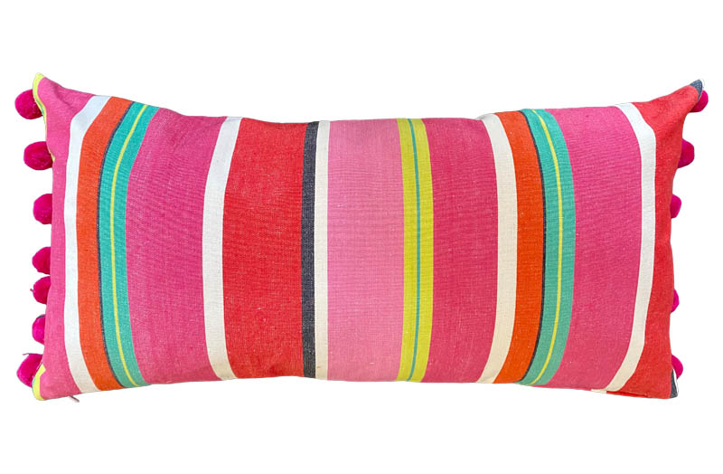 Watermelon Red, Pink, Green Striped Oblong Cushions with Bobble Fringe