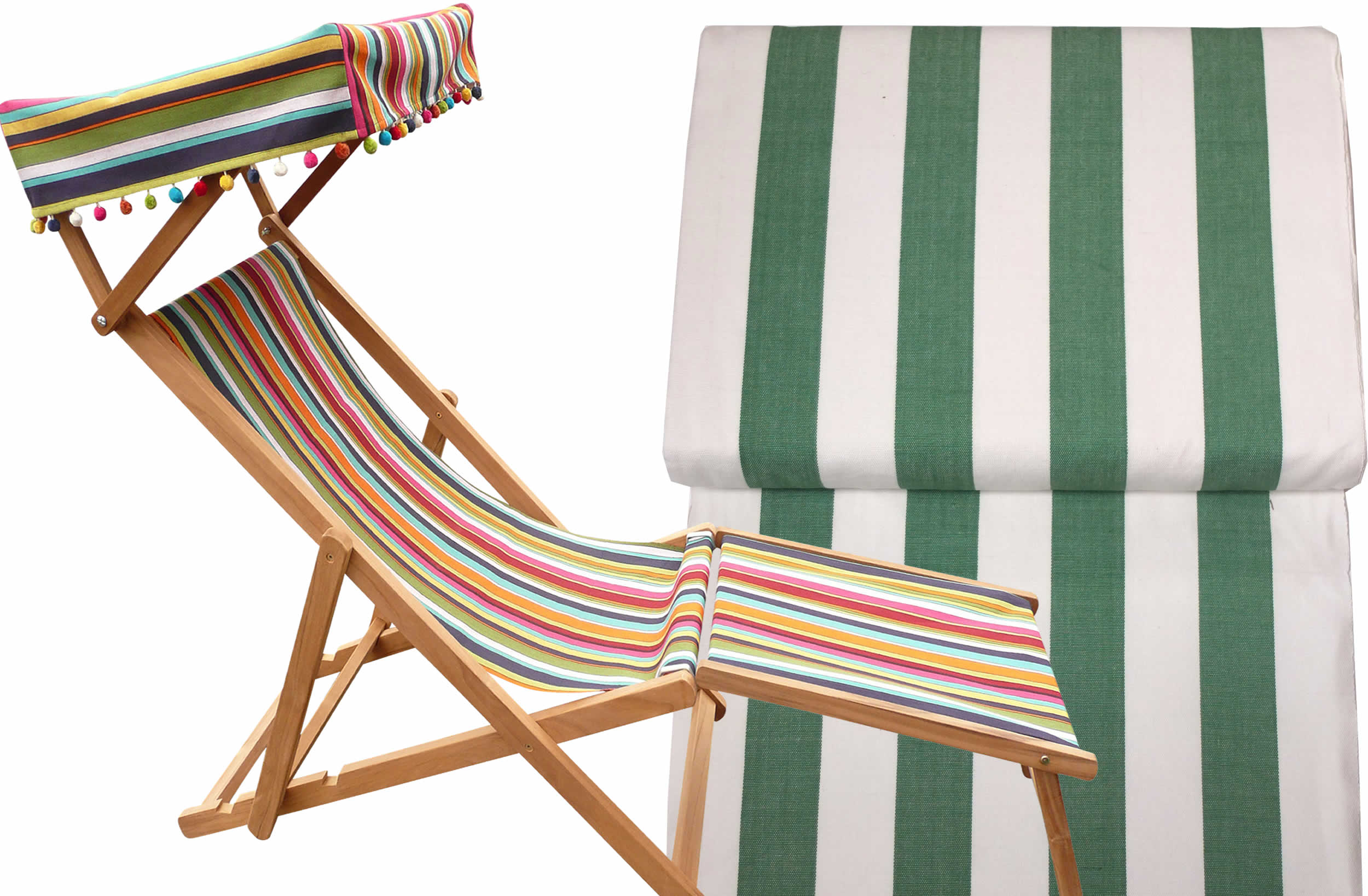Edwardian Deckchairs with Canopy and Footstool green and white  