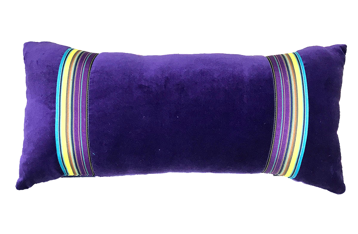 purple velvet oblong cushion with purple grosgrain ribbon trim