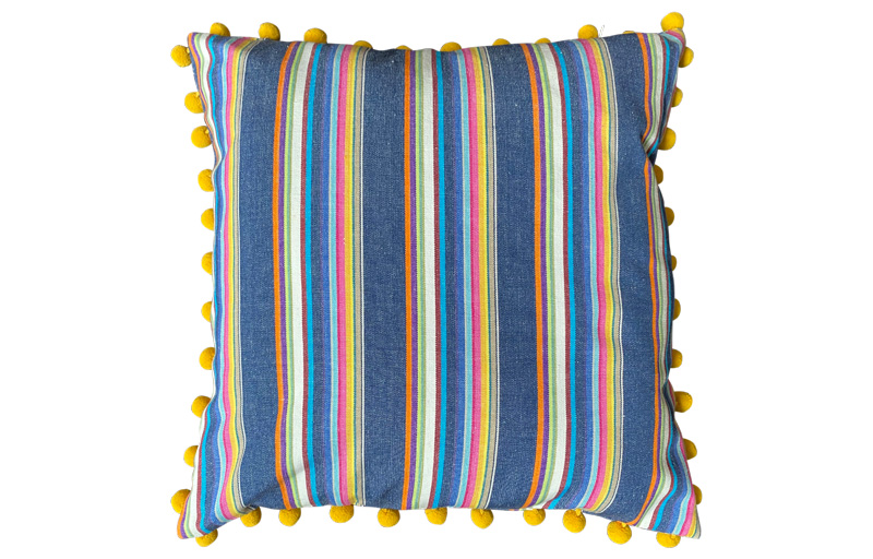 Navy Blue with Rainbow Colour Striped Pompom Cushions 50x50cm