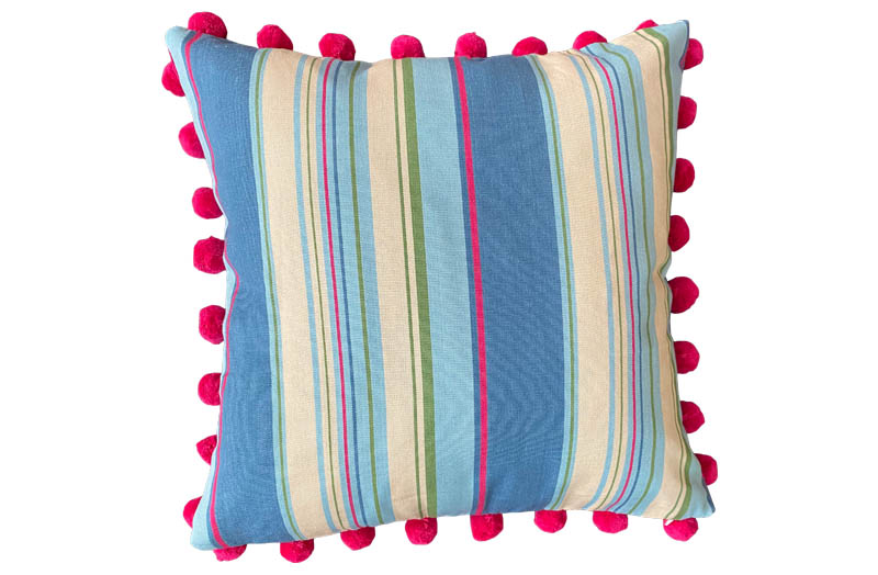 Petrol Blue, Pale Blue and Cream Stripe Pompom Cushions