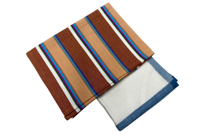 Chestnut, Peach, Off White and Blue Striped Tea Towel Set | Pack of 2 Tea Towels