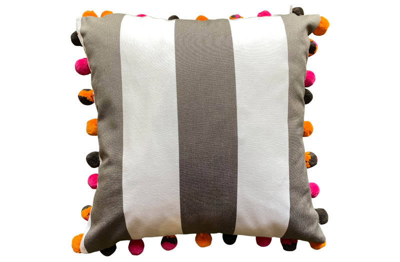 Grey and White Stripe Pom Pom Cushions