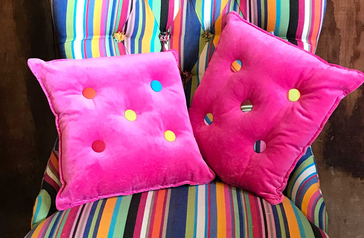 Small Stripe Buttoned Cushions Pink Velvet