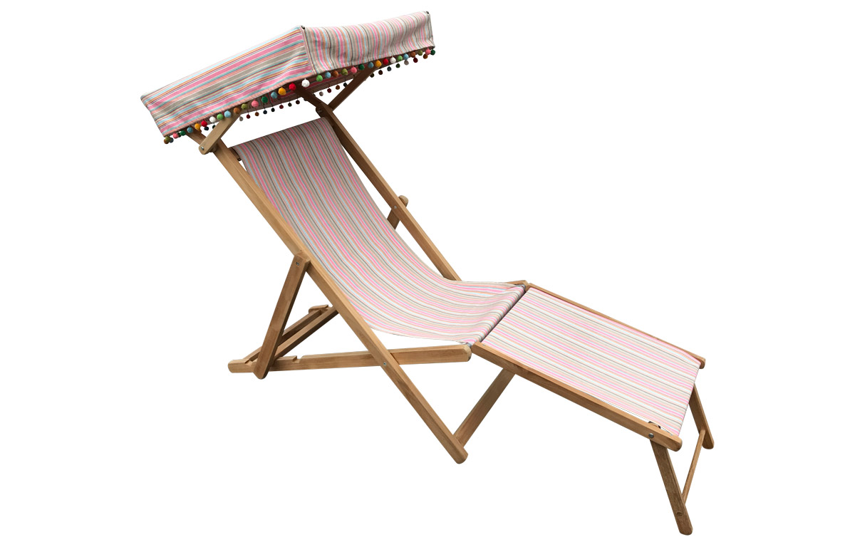 Pink and Beige Stripe Deckchair with Canopy and Footstool