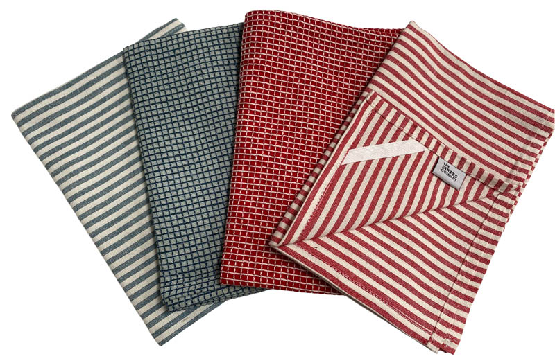 Teal and Red Stripe Check Tea Towel Set | Set of 4 Tea Towels