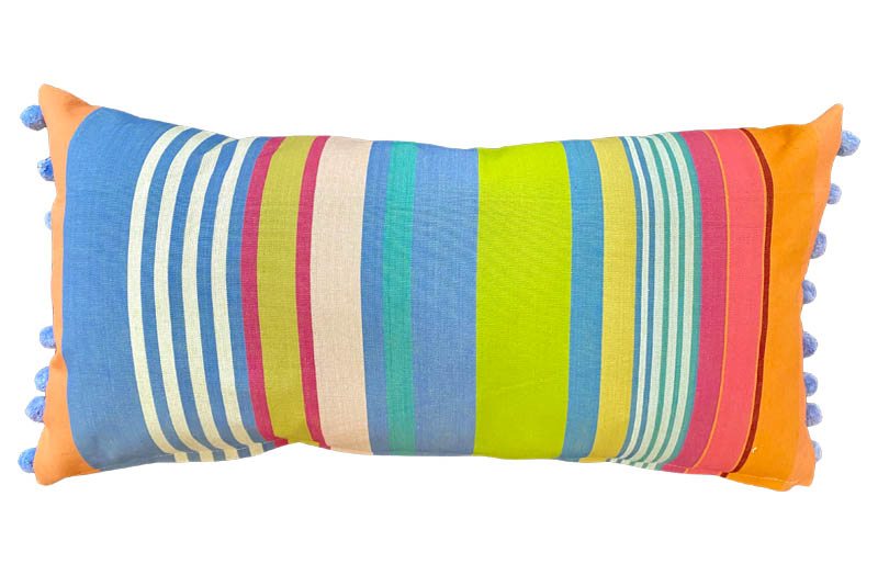 Multi Colour Striped Oblong Cushions with Pom Pom Fringe
