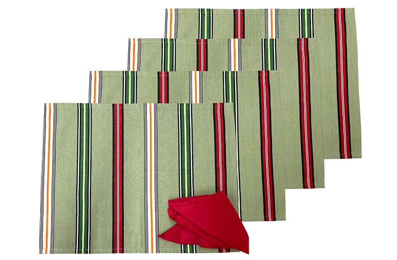 Pale Green, Green, Red Striped Place Mats - Colourful Table Mats set of 4