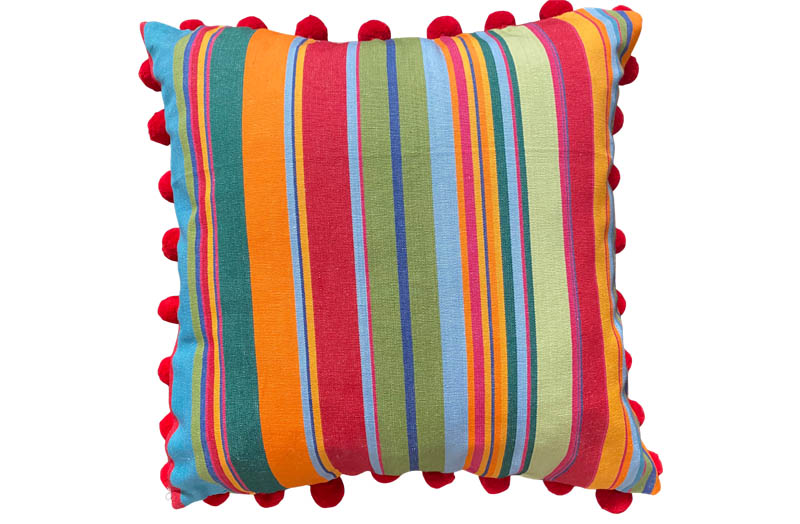 Striped Pompom Cushions Bottle Green, Blues, Red 50x50cm