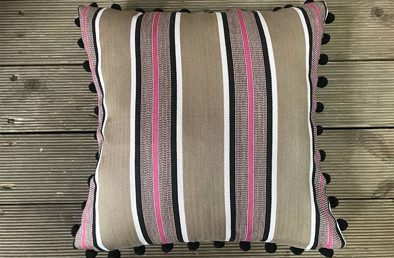Sandy Beige, Black, White, Pink Striped Pompom Cushion 40x40cm