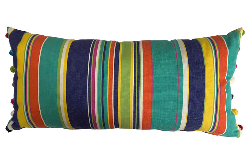 Turquoise, Pale Green, Royal Blue Striped Oblong Cushions with Bobble Fringe