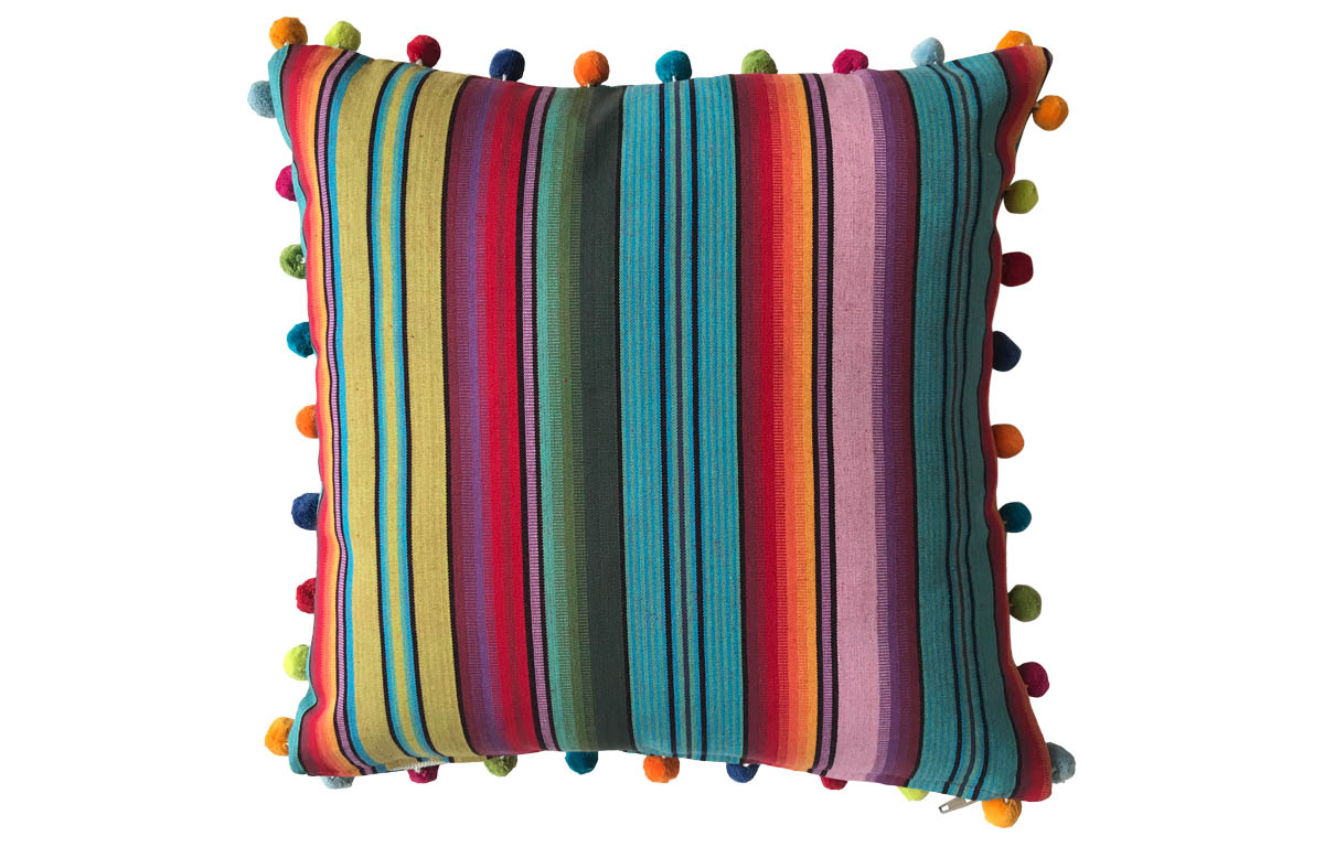 Blue, Green and Orange Striped Pompom Cushions