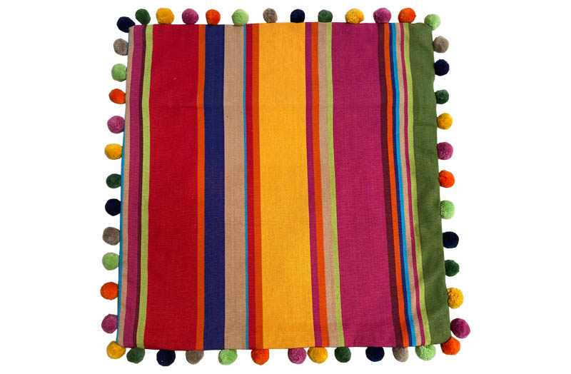 Pink, Green, Gold Striped Pompom Cushion Covers