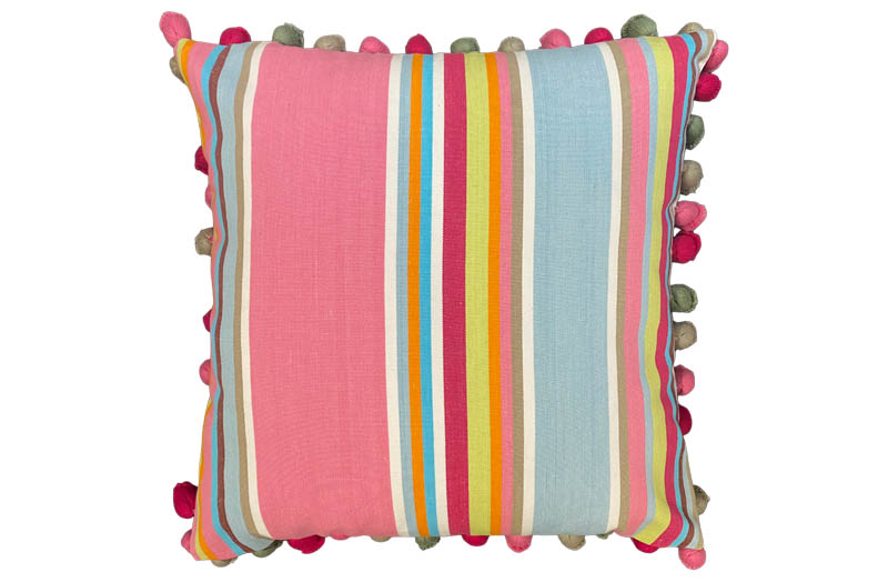 Pink, Taupe and Blue Striped Pompom Cushions