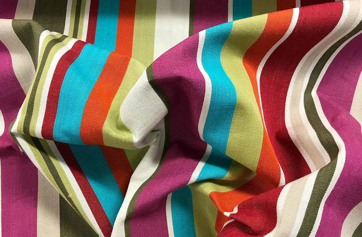 Cream, Olive Green, Turquoise, Damson and Tangerine Striped Fabric | Stripe Cotton Curtain Upholstery Fabrics