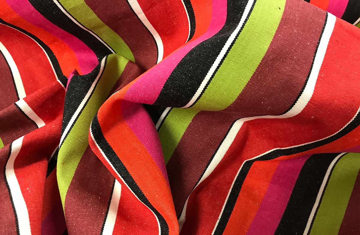 Pink, Black and Lime Green Striped Fabric with Burgundy, Red and Coral