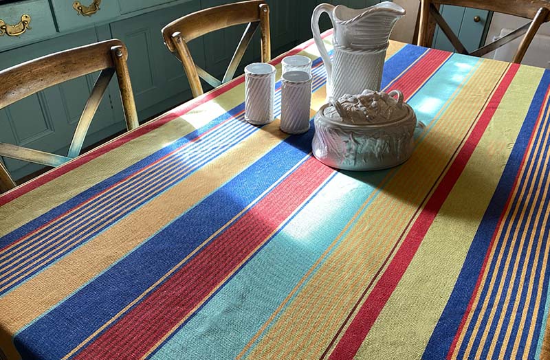 Blue, Sand, Turquoise Stripe Linen Tablecloth 150cm x 250cm