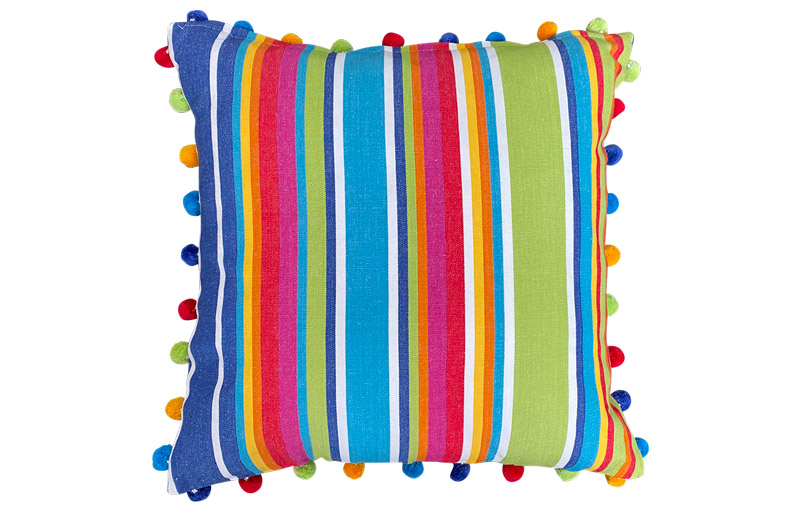 Blue, Green and Red Striped Pompom Cushion 50x50cm