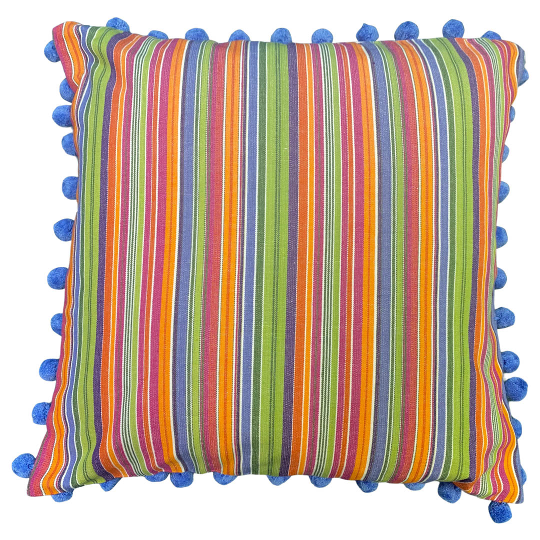 pinstripe cushion with soft blue pom pom trim